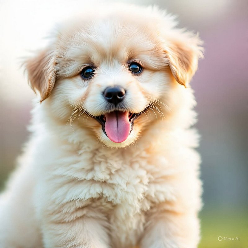 Fluffy golden retriever puppy with a happy expression and pink tongue
