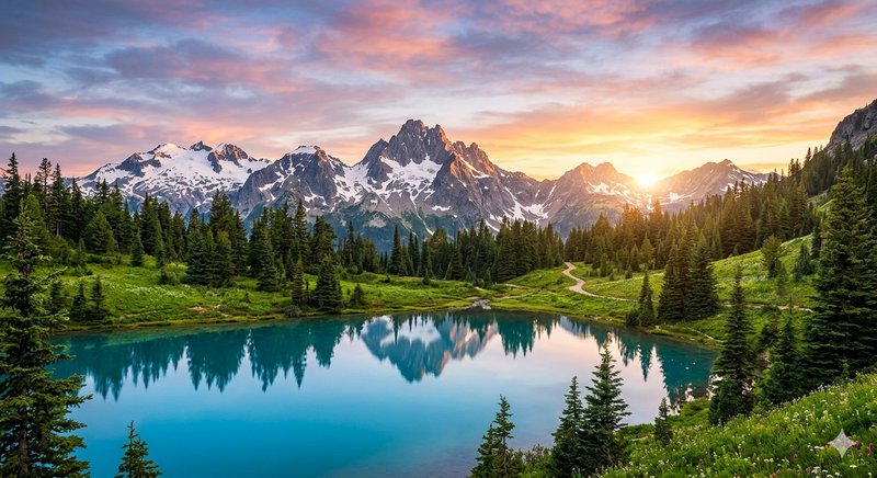 Snow-capped mountains, pine forest, and a turquoise alpine lake at sunrise with a calm, reflectiv...