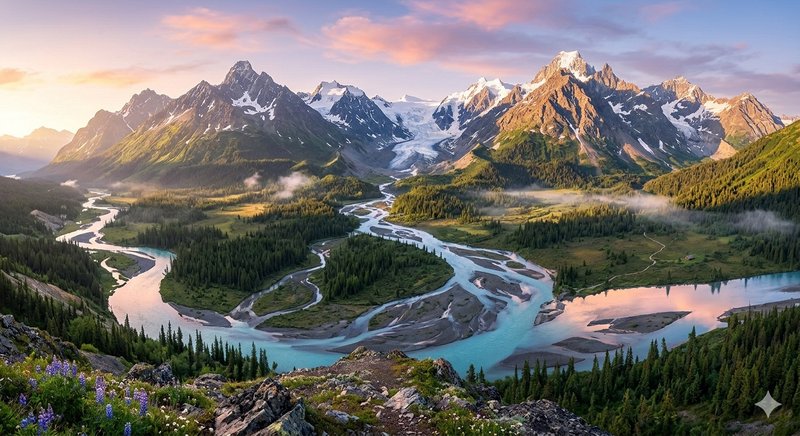 Snowy mountain peaks, turquoise rivers, and evergreen forests in a glowing alpine valley at sunset