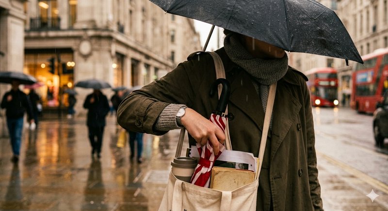 Person in a raincoat under an umbrella on a wet city street with a tote bag and shopping items