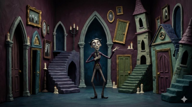 A tall gothic cartoon figure stands in a dim haunted room with crooked staircases and eerie doors.