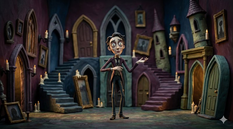 Whimsical stop-motion character in a spooky, candlelit fantasy hallway with doors and staircases.