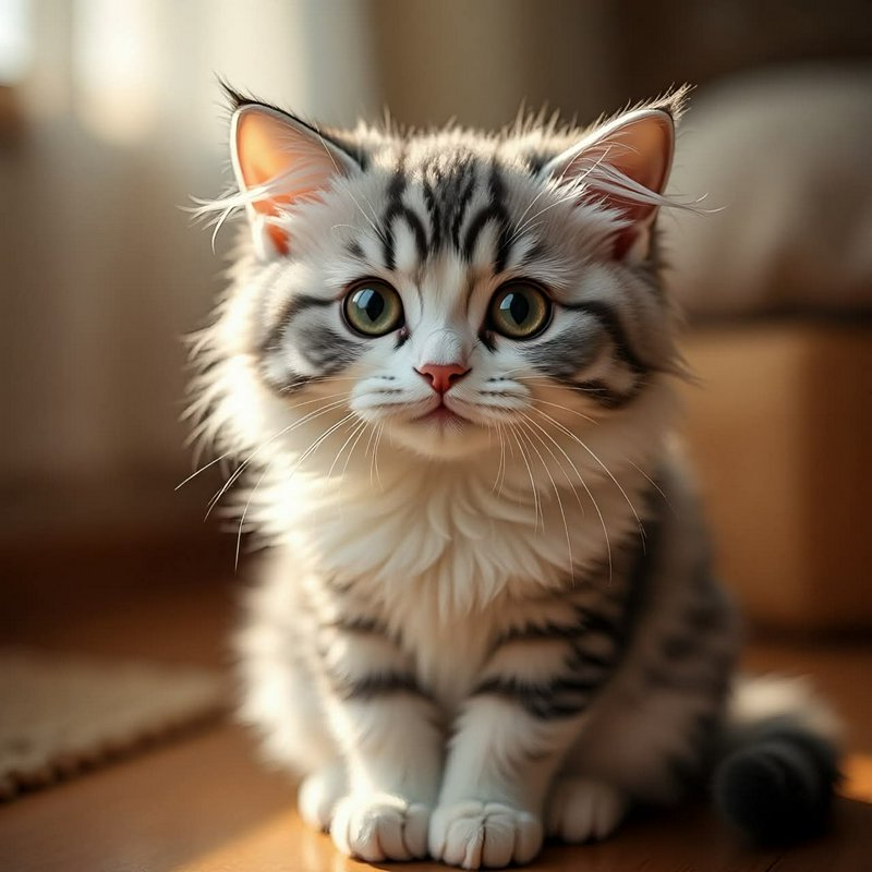 Adorable fluffy silver tabby kitten sitting indoors with big green eyes