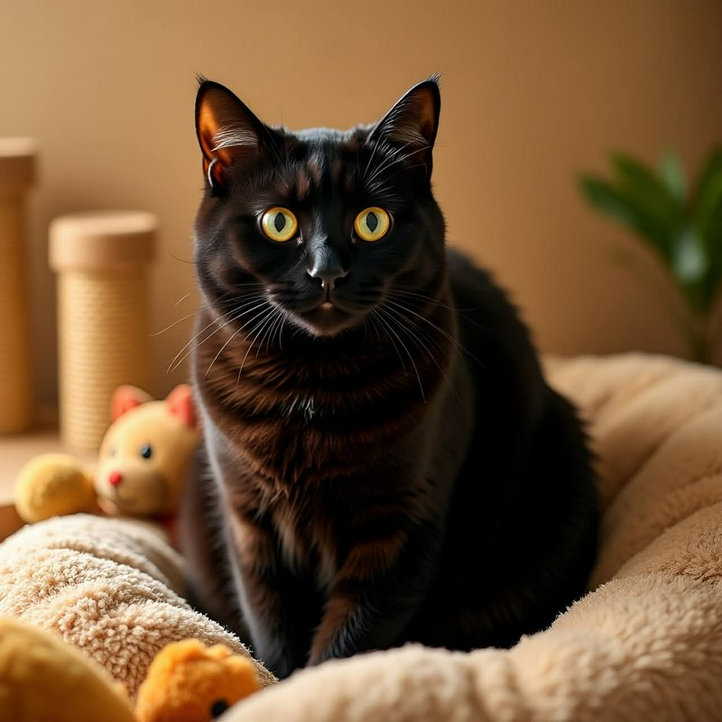 Black cat with golden eyes sitting in a plush, cozy bed indoors.