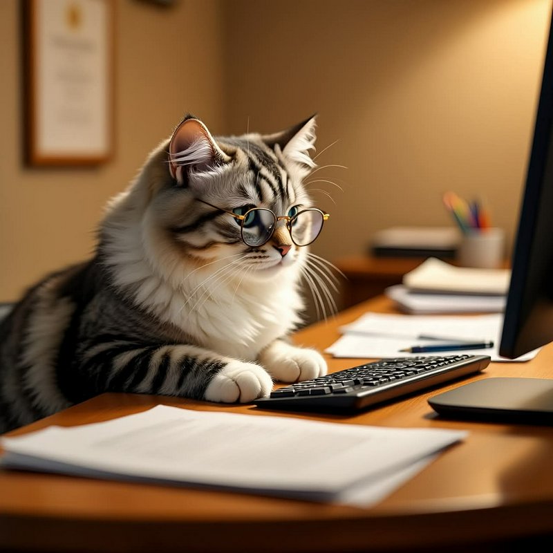 Cute silver tabby cat with glasses seated at a desk with a keyboard and papers.