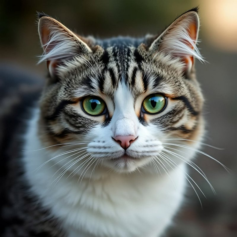 Close-up portrait of a tabby and white cat with striking green eyes.