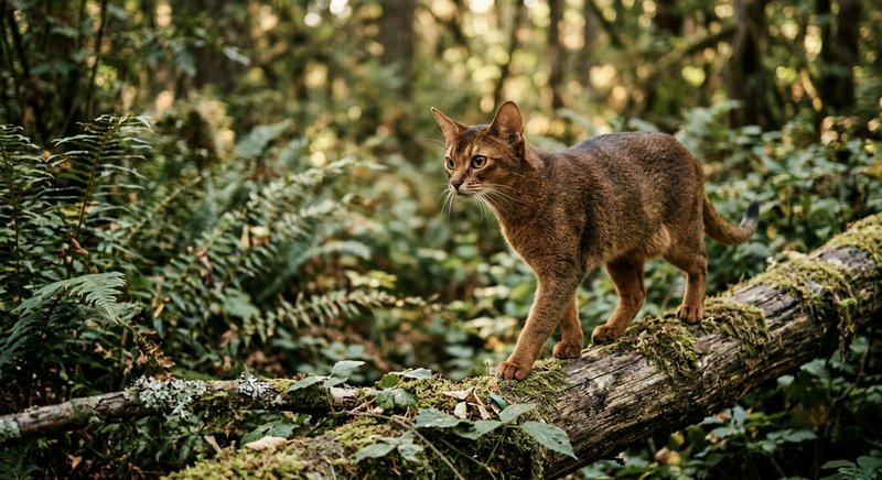 Brown wildcat-like cat walking along a mossy fallen log in a dense forest.