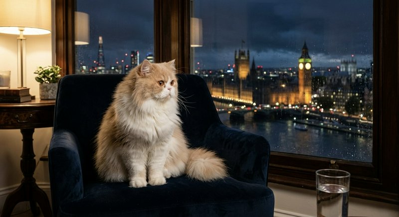 Fluffy cream-colored cat sitting on a dark blue armchair by a window with a night cityscape.