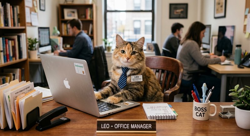 Fluffy tabby cat in a necktie sits at an office desk labeled "Leo Office Manager", with coworkers...
