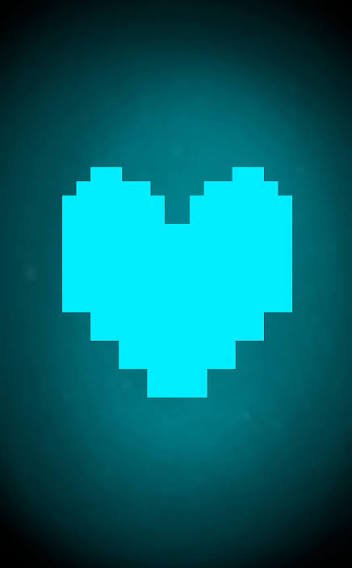 Bright glowing cyan pixel art heart centered against a dark teal gradient vignette background
