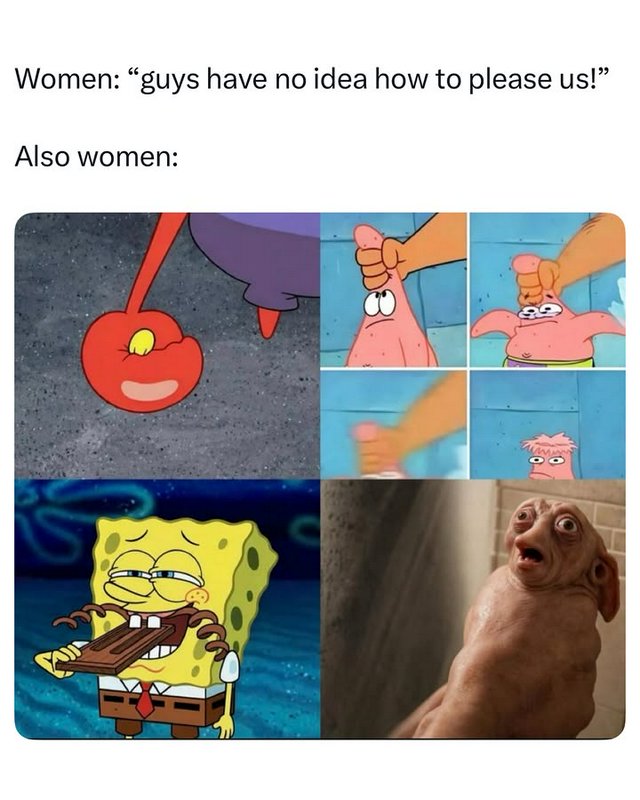Comedic dating meme using Spongebob, Patrick Star, and surreal reaction panels for a relationship...