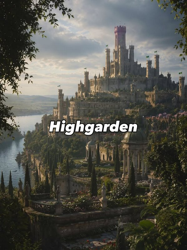 Cinematic view of fictional Highgarden fantasy castle, tiered lush gardens, winding river, golden...
