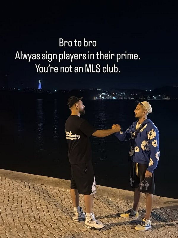 Viral soccer meme showing two men doing a bro handshake on a night waterfront, with text joking a...