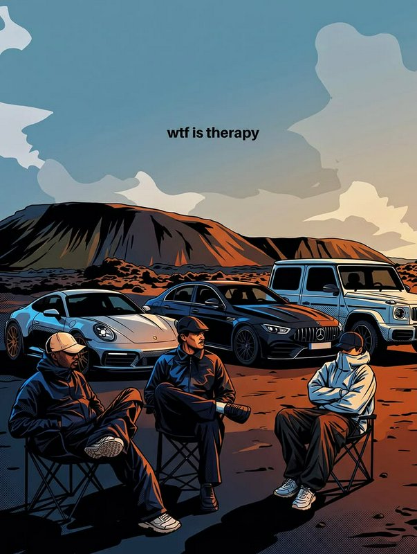 Graphic comic illustration of 3 men seated by luxury cars in a desert, with the text "wtf is ther...