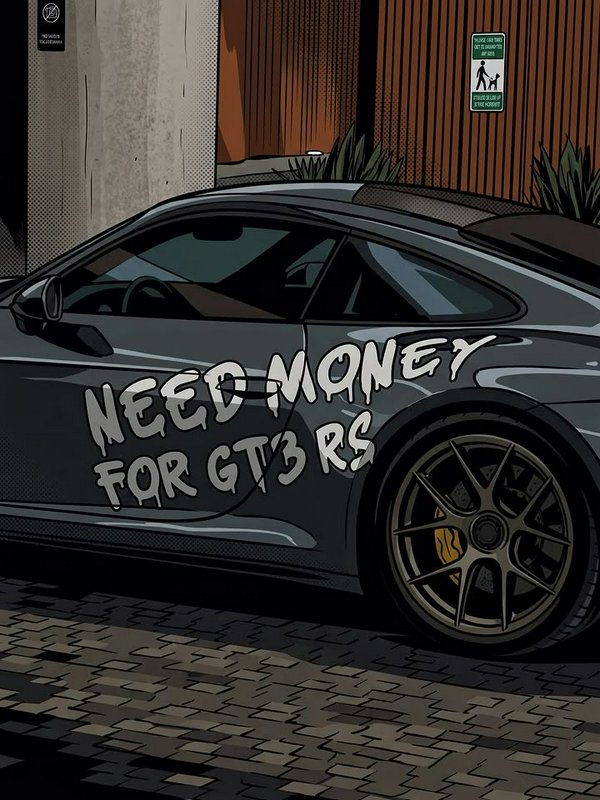 Stylized comic illustration of a grey Porsche sports car with "NEED MONEY FOR GT3 RS" drippy graf...