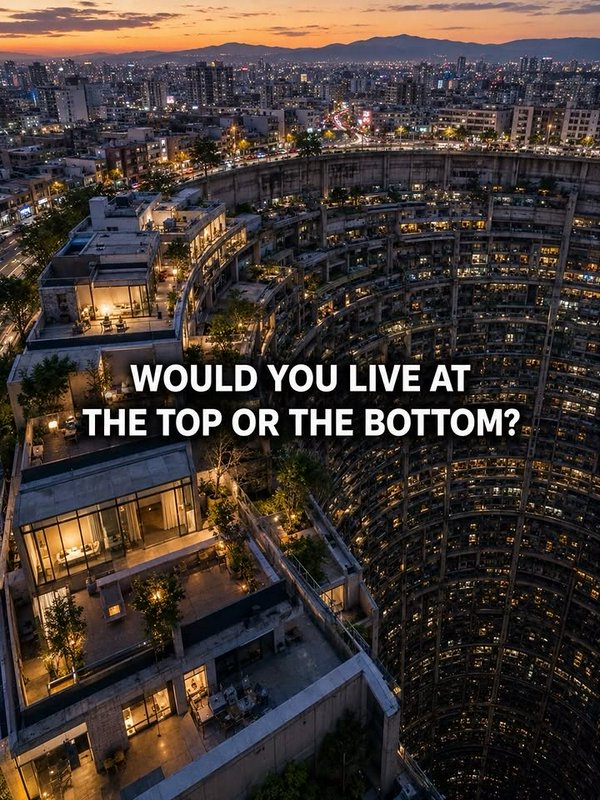 Aerial dusk view of unique circular hollow apartment complex, overlaid with text asking "Would yo...