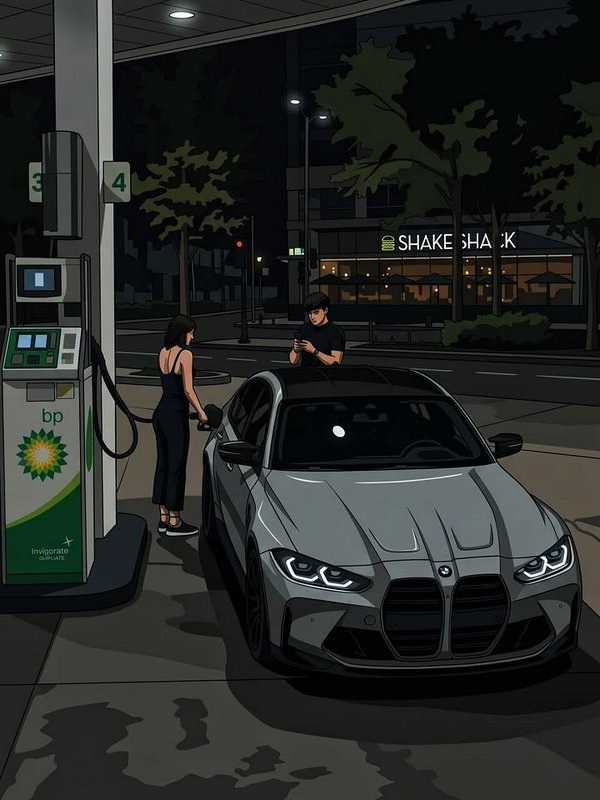 Woman pumps gas into a grey BMW at a BP gas station at night as a man stands nearby using his phone