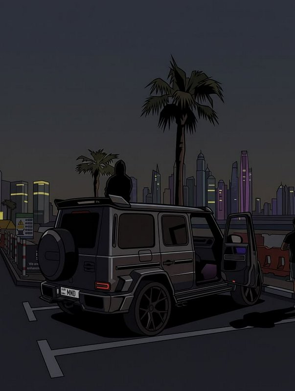 Modified dark luxury G-Wagon parked at night overlooking a lit Dubai-style city skyline with palm trees