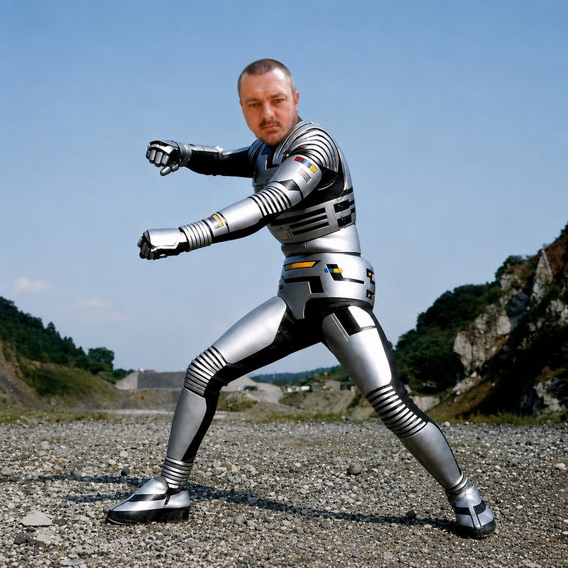 Man in a shiny silver robotic superhero suit strikes a combat stance in a rocky outdoor valley
