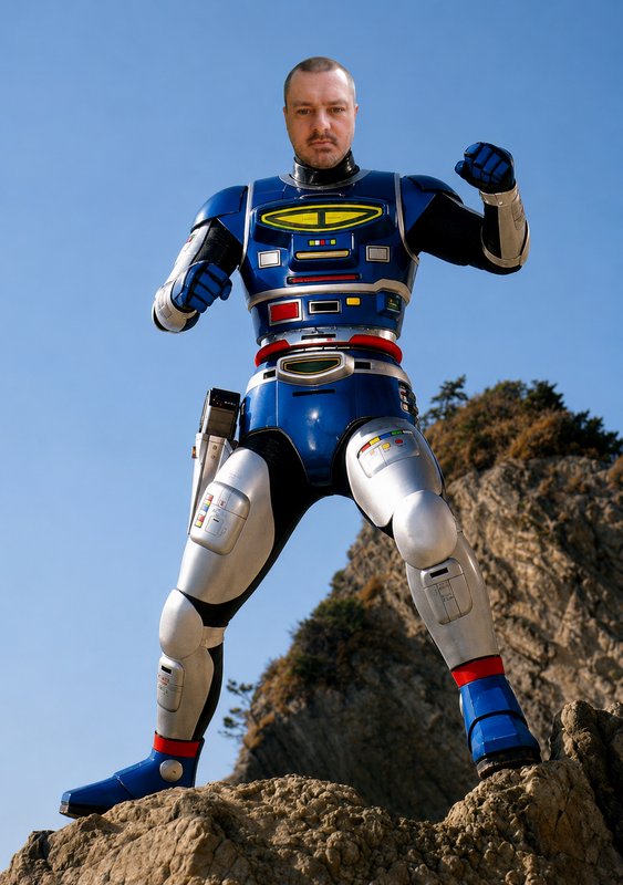 Man in retro blue armored tokusatsu suit stands in a fighting stance atop a rocky cliff under cle...