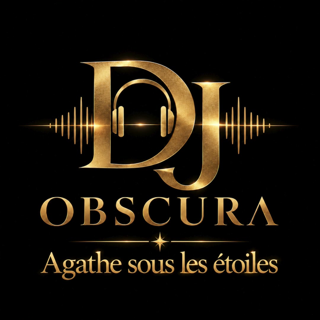 Luxury gold DJ monogram logo with headphones, sound waves, and French text on a solid black backg...