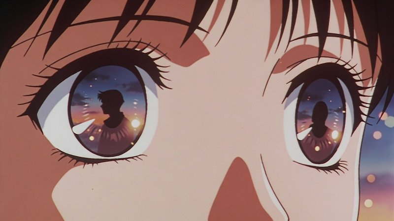 Close-up of retro anime character wide eyes reflecting a boy silhouette against a glowing sunset sky