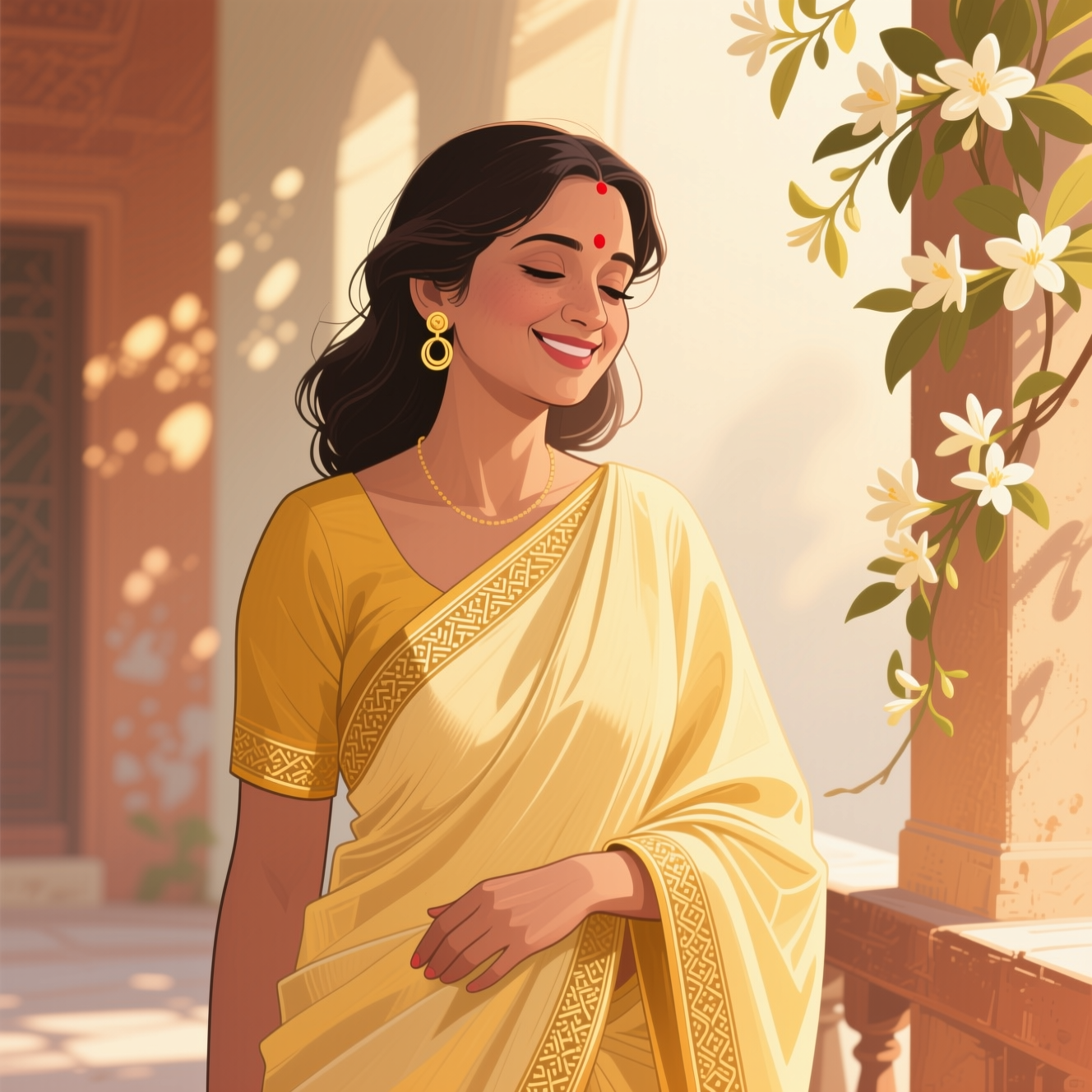 Smiling Indian woman in a golden saree stands in a sunlit heritage courtyard beside jasmine vines
