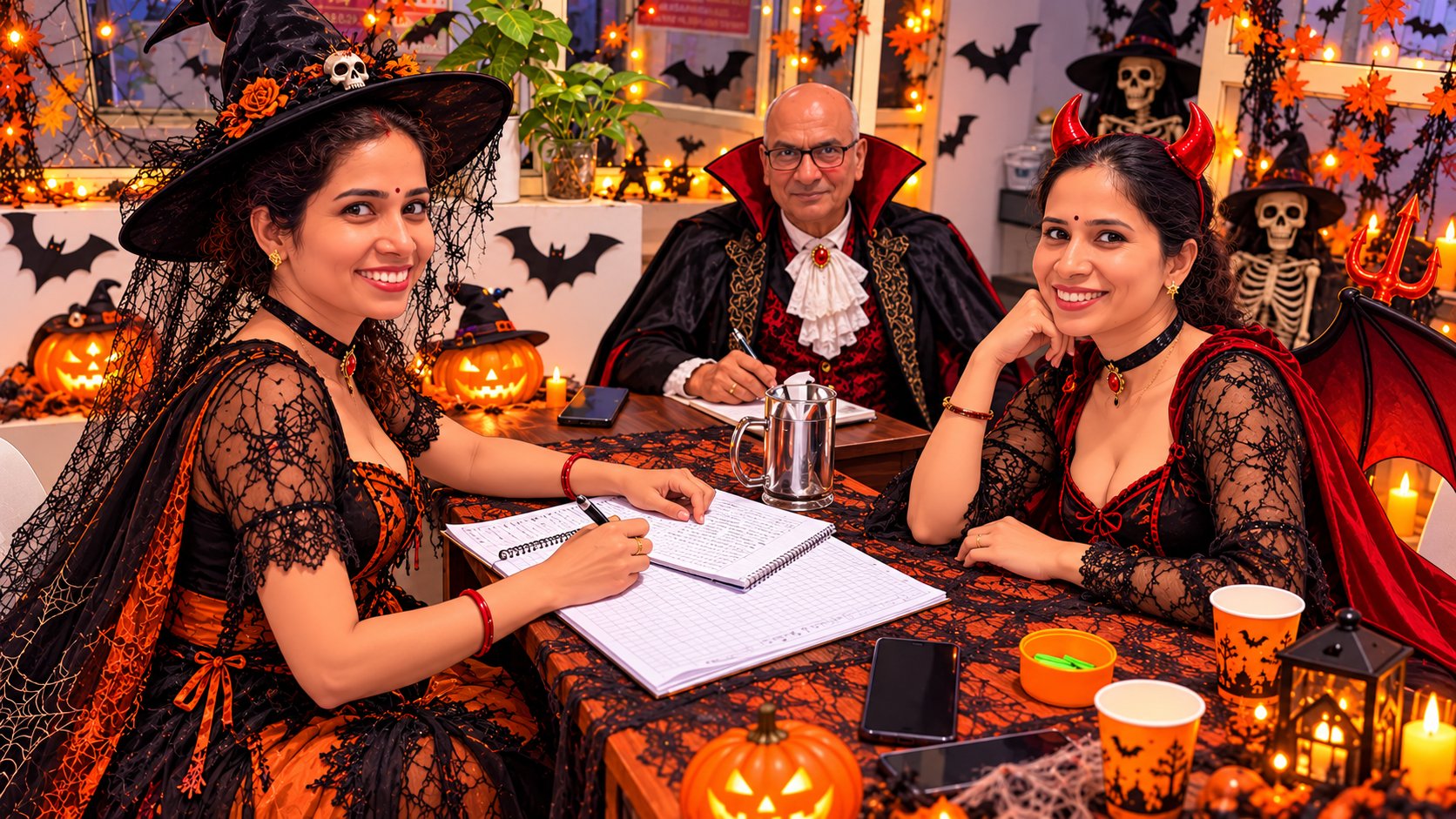 Three people in Halloween costumes smile while seated at a spooky decorated indoor table writing in notebooks