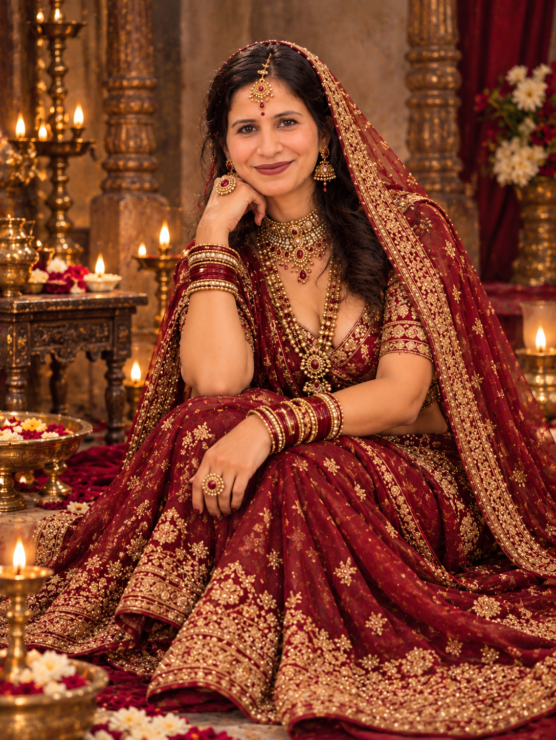 Smiling Indian bride in ornate red bridal lehenga seated amid warm traditional wedding decor