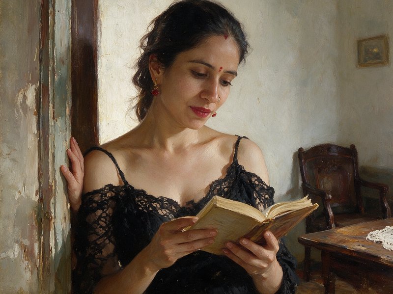 Realist oil portrait of a South Asian woman in a black lace dress reading an open book in a sunli...