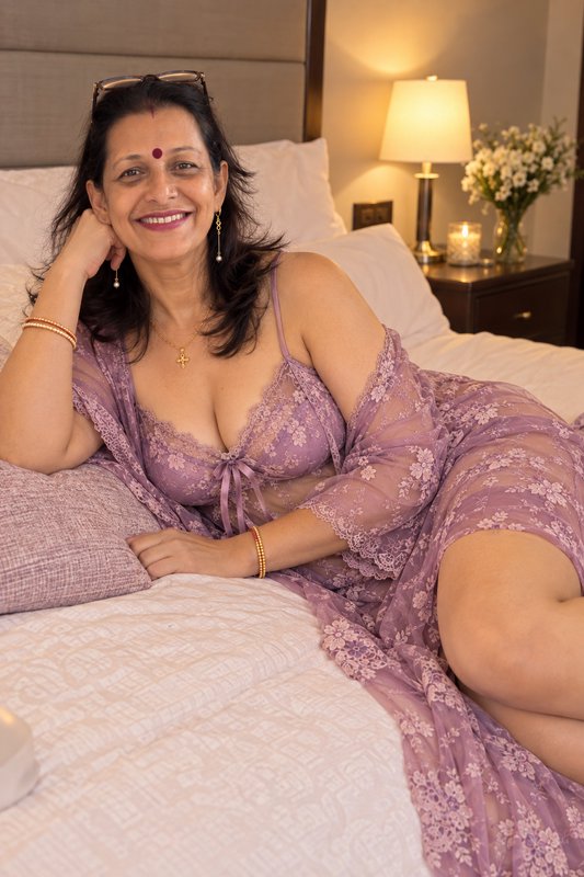 Smiling middle-aged Indian woman in lavender lace nightwear reclining comfortably on a cozy bedro...