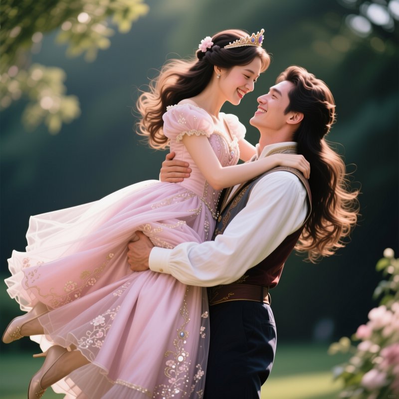 Prince holds smiling princess in pink embroidered gown and jeweled crown, gazing tenderly in a su...