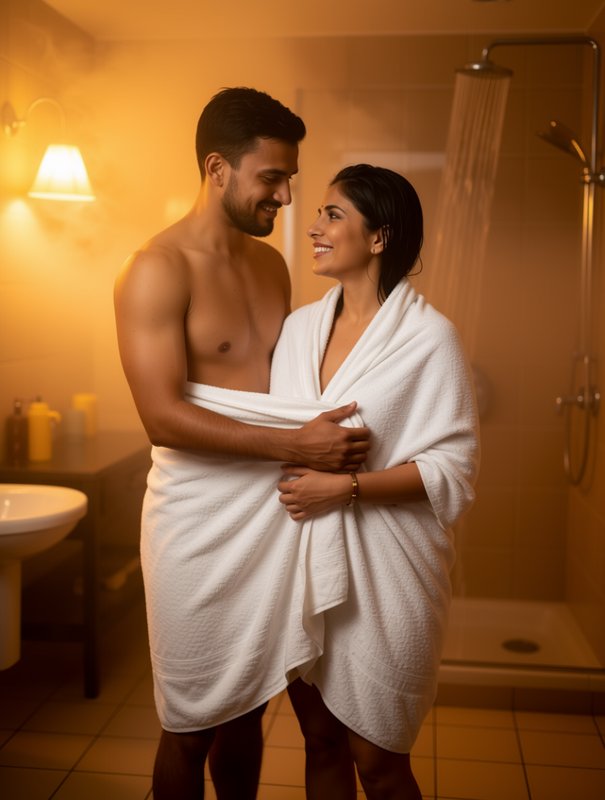 Smiling South Asian couple embracing, wrapped in a shared plush white towel in a steamy warm-lit ...