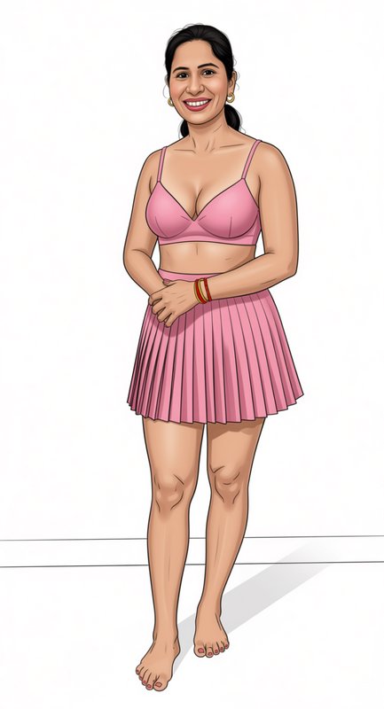 Smiling South Asian woman in matching pink bralette and pleated skirt, illustrated portrait on pl...
