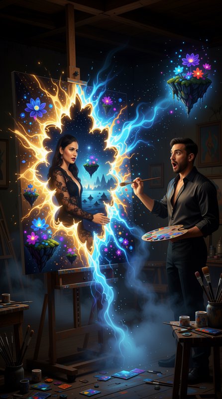 Surprised male artist watches his easel canvas open into a glowing portal, as a woman and magical...