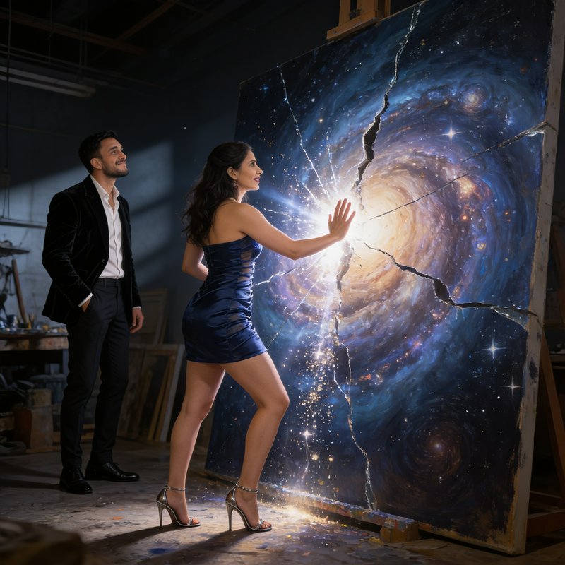 Woman in a navy dress reaches to touch a glowing cracked cosmic painting, while a formally dresse...