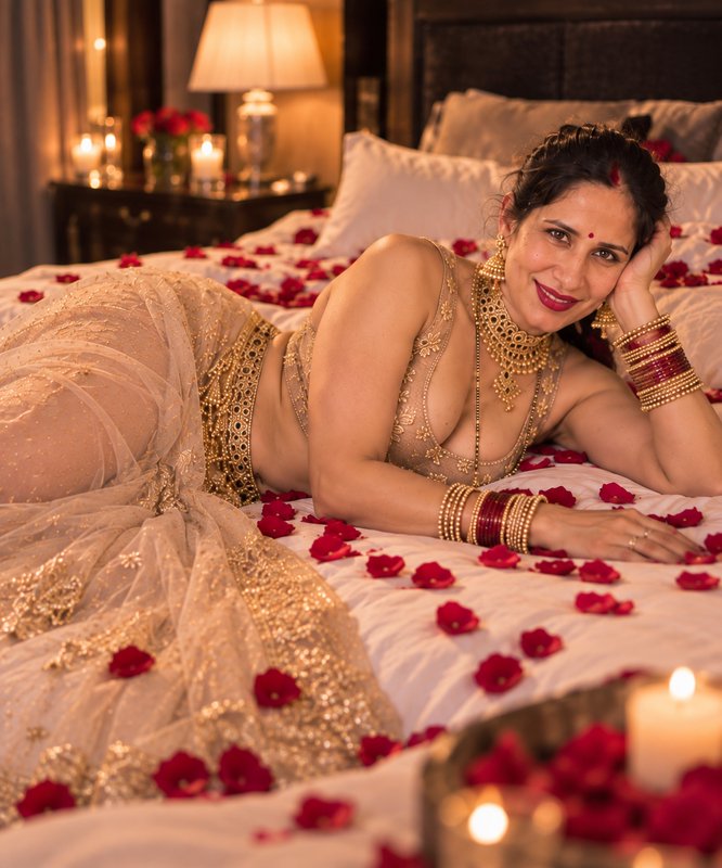 Smiling Indian bride in gold bridal wear reclines on a rose-petal strewn candlelit bed, looking a...