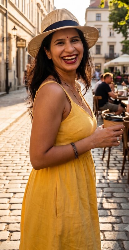 Cheerful South Asian woman in a straw hat and yellow dress holds takeaway coffee on a sunlit cobb...