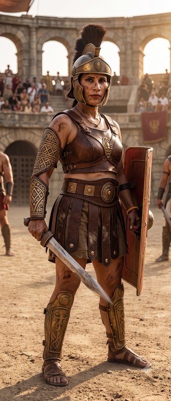 Female Roman gladiator in plumed helmet holds sword and shield, standing in a sunlit stone colise...