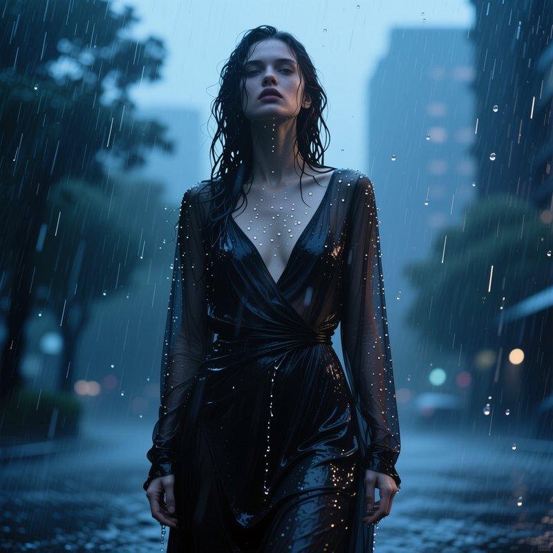 Elegant woman in wet beaded black gown standing in heavy rain on a misty twilight city street