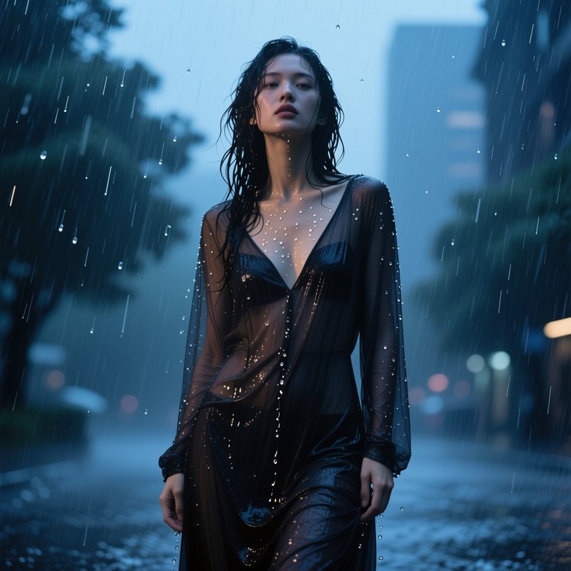 Young East Asian woman in wet sheer black dress standing on a foggy city street during heavy rain...