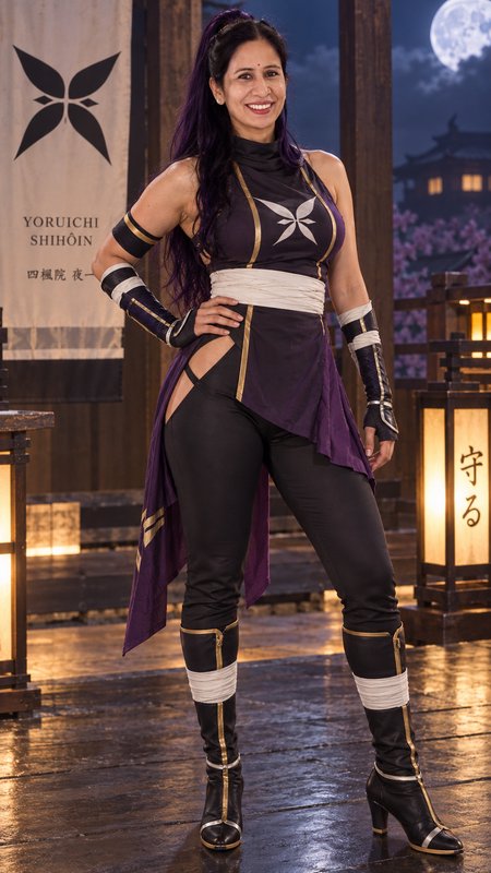 Smiling cosplayer in Yoruichi Shihouin Bleach costume poses on a moonlit Japanese temple veranda.