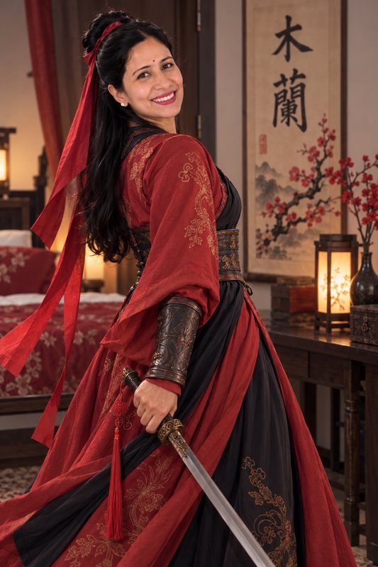 Smiling woman in embroidered red and black warrior hanfu holds a sword, standing in a traditional...
