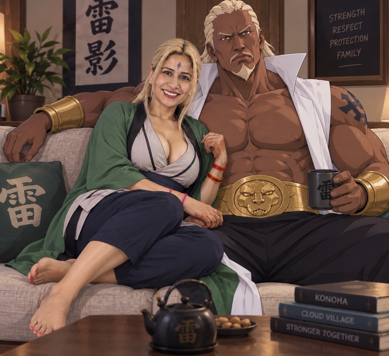 Photorealistic Naruto fan art of Tsunade and Fourth Raikage relaxing together on a cozy living ro...