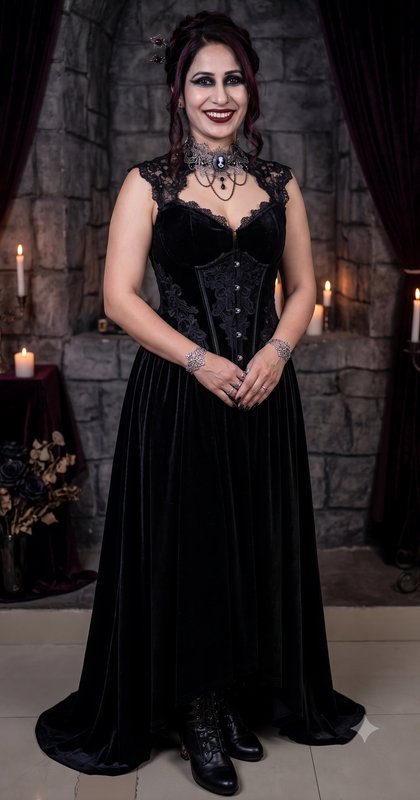 Smiling woman in an ornate black gothic velvet corset gown poses in a candlelit medieval stone ca...