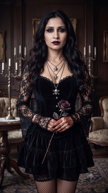 Portrait of a South Asian gothic woman in black lace velvet dress holding a dark rose in a vintag...