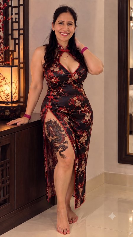 Smiling South Asian woman in a floral qipao poses next to traditional Asian home decor, showing a...