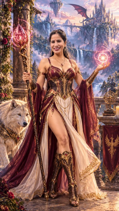 Smiling fantasy sorceress with a glowing crystal staff stands beside an armored white wolf on a m...