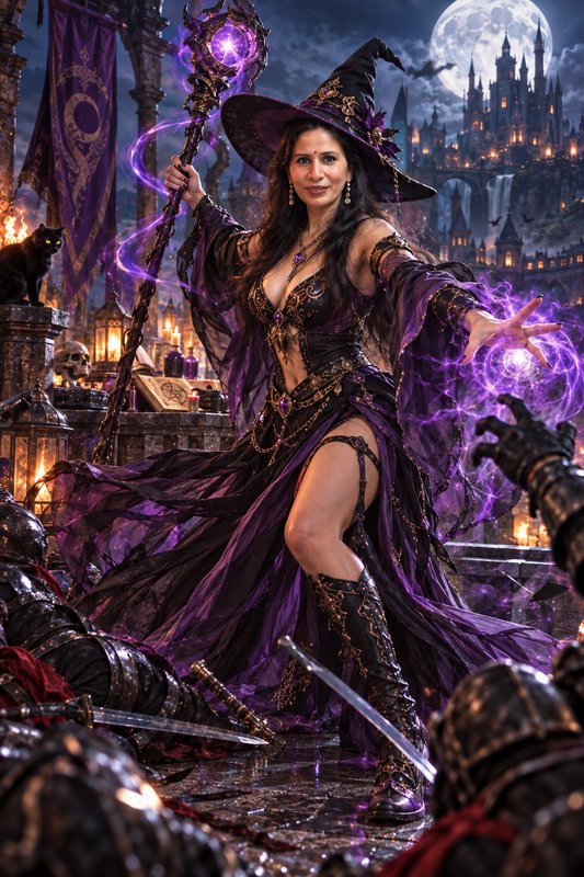 Powerful fantasy witch casting glowing purple magic while holding an enchanted staff on a moonlit castle battleground
