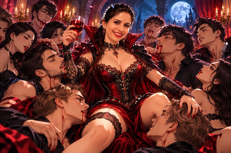 Smiling vampire queen holds a blood wine glass surrounded by her adoring vampire court in a moonlit castle